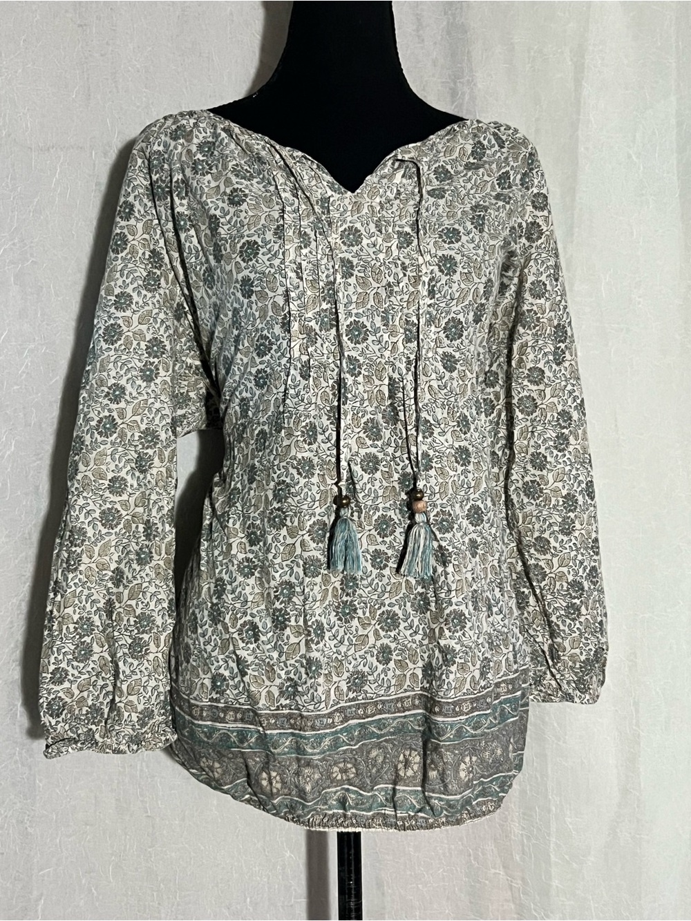 Ruff Hewn Sage, Cream and Taupe Floral Boho Tunic with Tassels